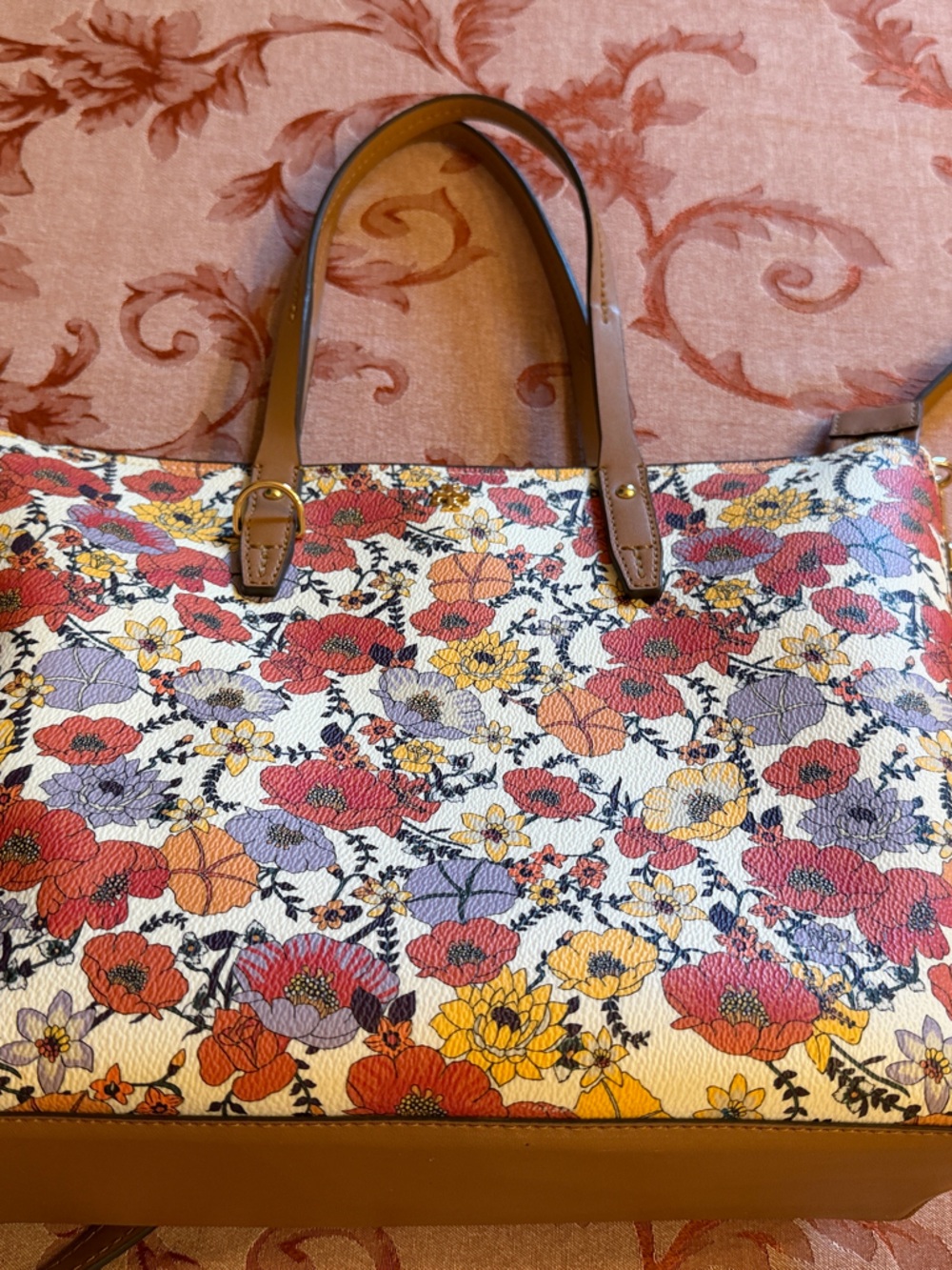 Tory Burch Floral Canvas Tote in Cream, Red, Purple, Yellow & Brown Trim
